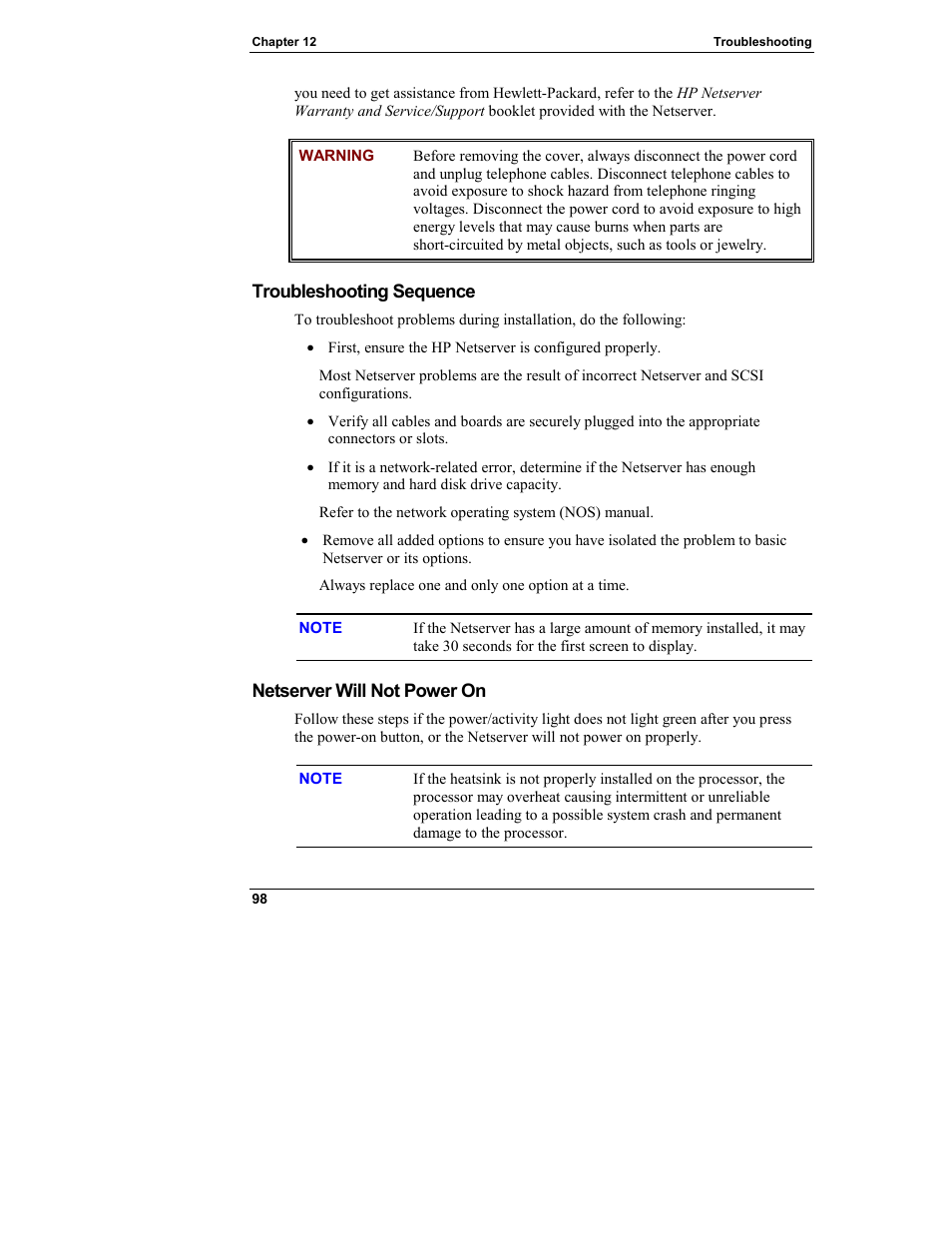 Troubleshooting sequence, Netserver will not power on | HP Netserver L Server series User Manual | Page 104 / 140