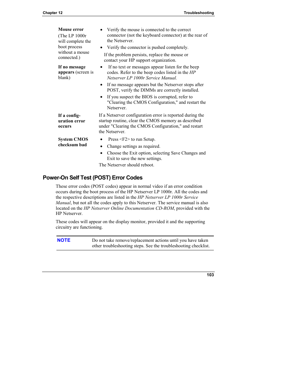 Power-on self test (post) error codes | HP Netserver L Server series User Manual | Page 109 / 140