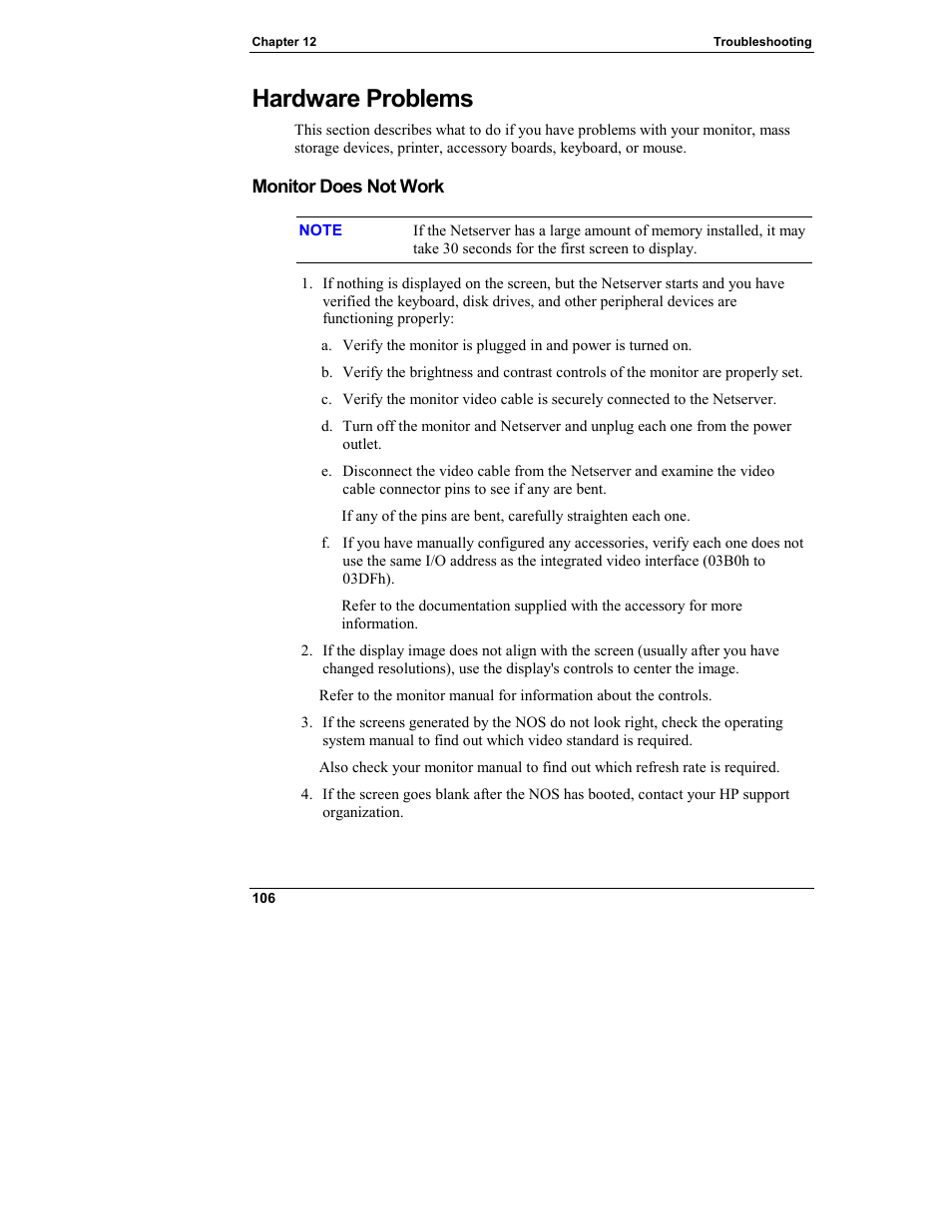 Hardware problems, Monitor does not work | HP Netserver L Server series User Manual | Page 112 / 140