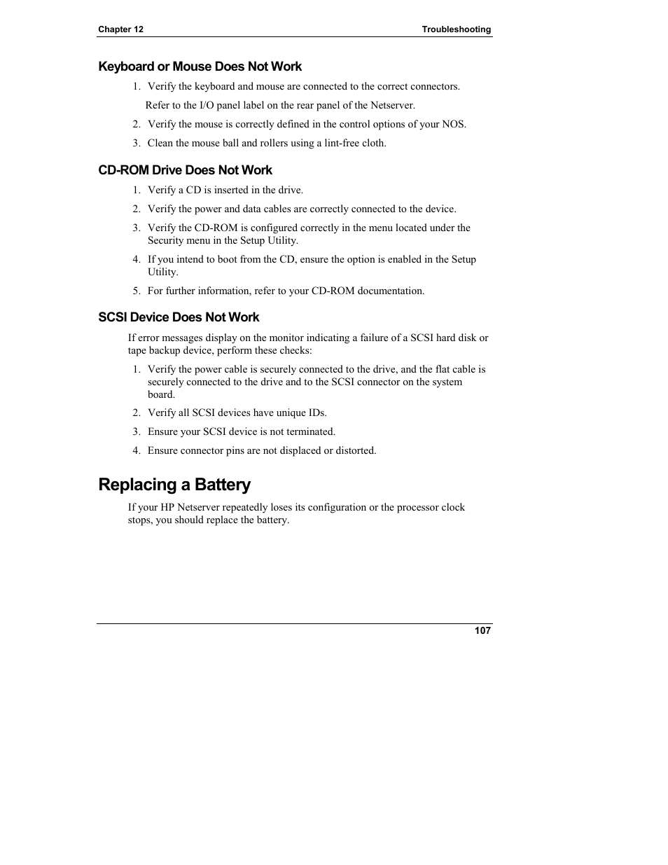 Keyboard or mouse does not work, Cd-rom drive does not work, Scsi device does not work | Replacing a battery | HP Netserver L Server series User Manual | Page 113 / 140