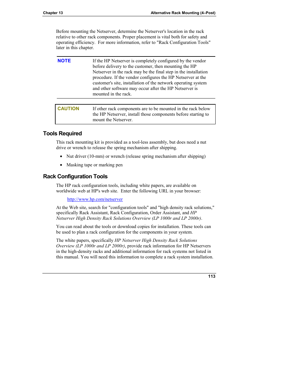 Tools required, Rack configuration tools | HP Netserver L Server series User Manual | Page 119 / 140