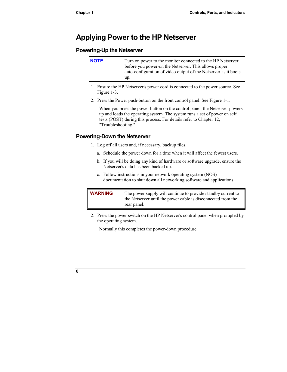 Applying power to the hp netserver, Powering-up the netserver, Powering-down the netserver | HP Netserver L Server series User Manual | Page 12 / 140