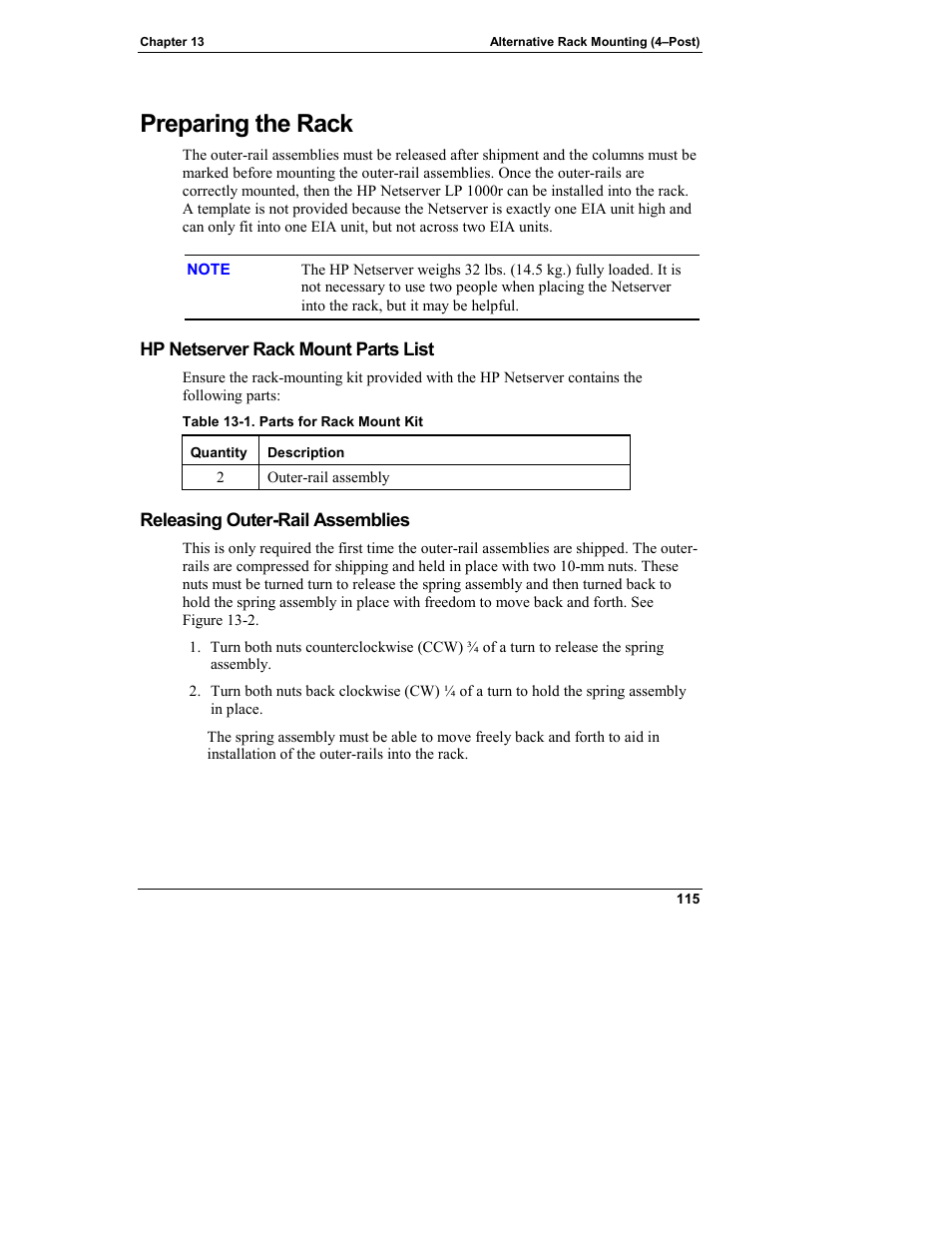 Preparing the rack, Hp netserver rack mount parts list, Releasing outer-rail assemblies | HP Netserver L Server series User Manual | Page 121 / 140