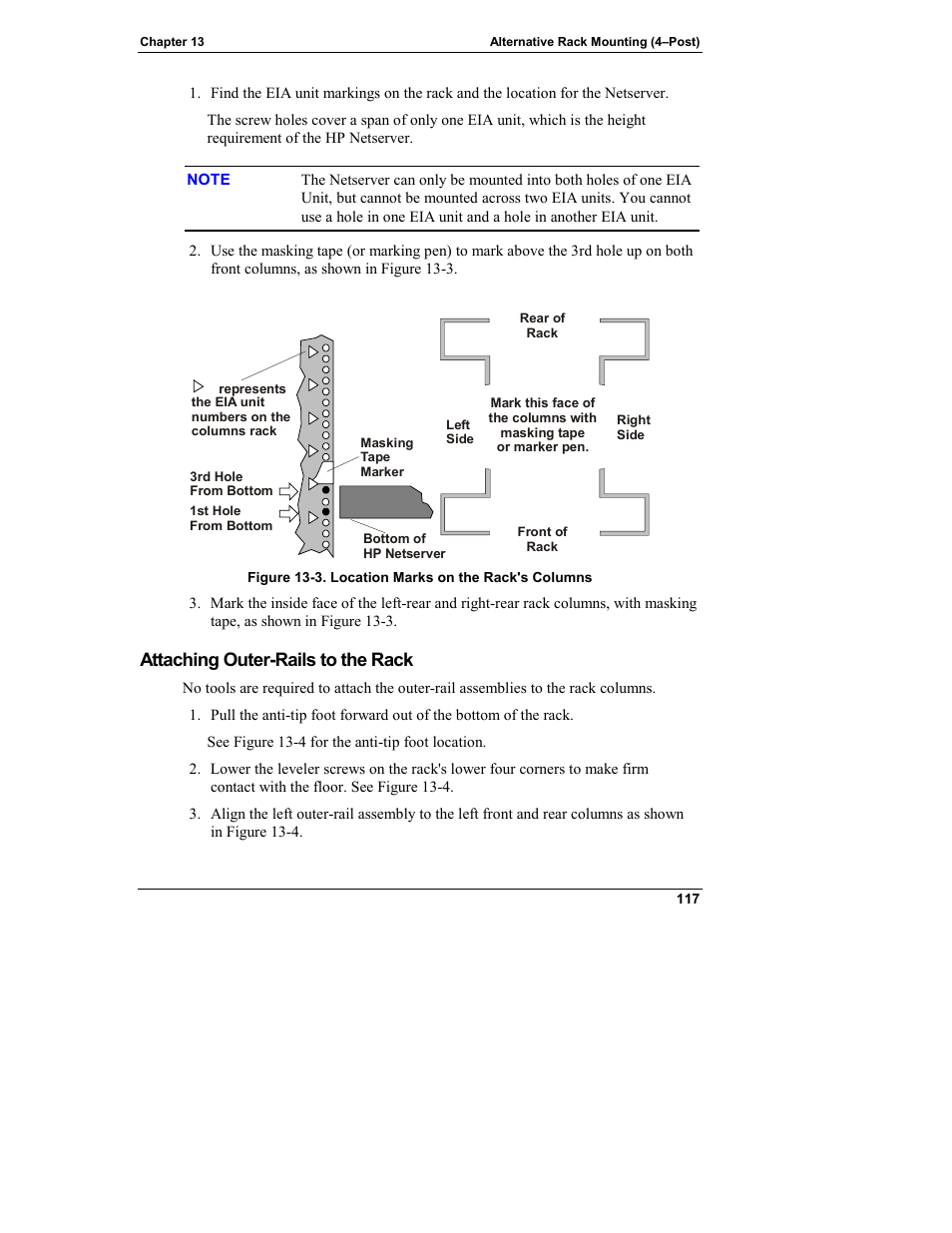 Attaching outer-rails to the rack | HP Netserver L Server series User Manual | Page 123 / 140