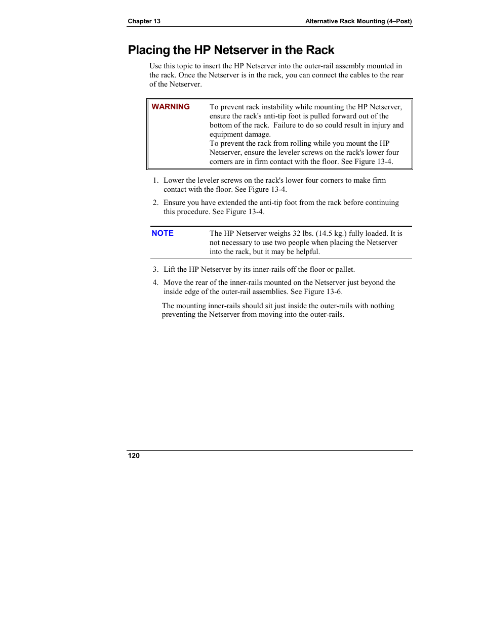 Placing the hp netserver in the rack | HP Netserver L Server series User Manual | Page 126 / 140