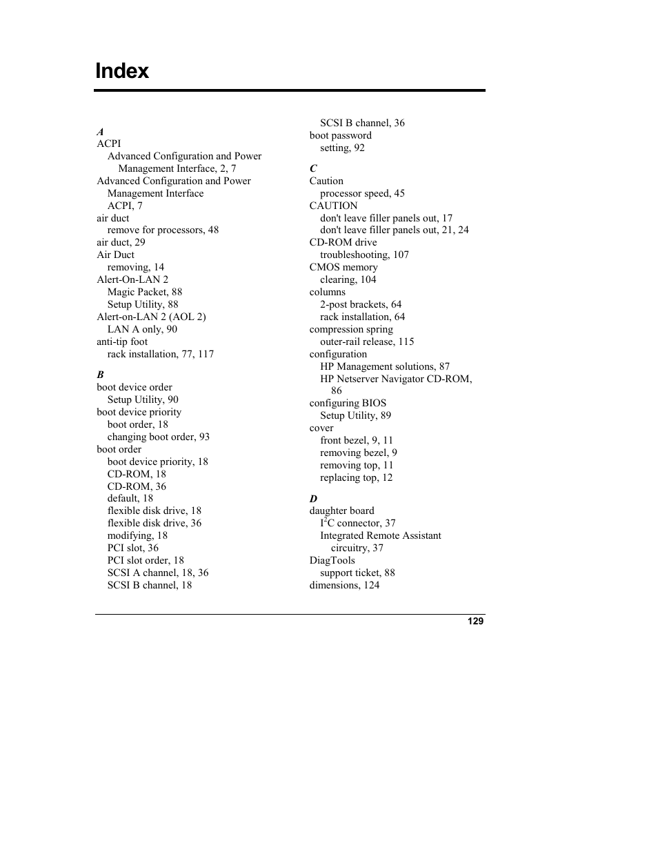 Index | HP Netserver L Server series User Manual | Page 135 / 140