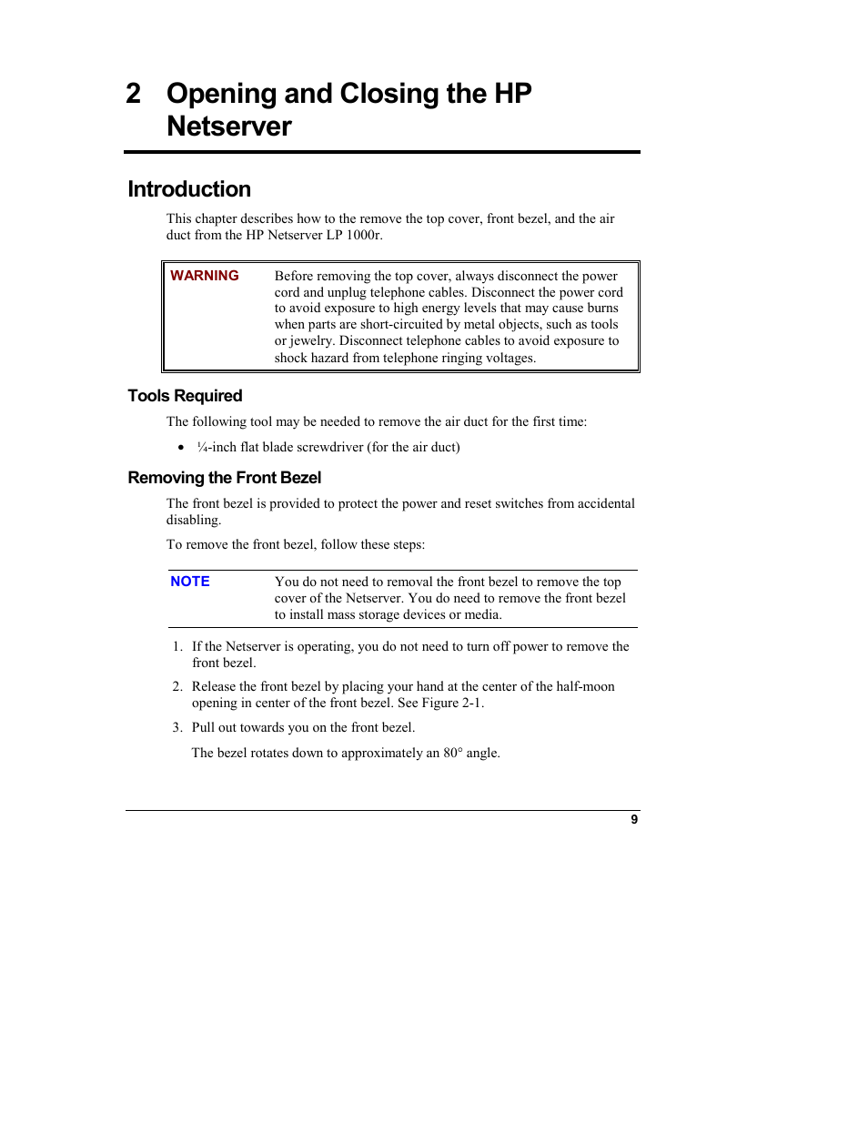 2 opening and closing the hp netserver, Introduction, Tools required | Removing the front bezel, Opening and closing the hp netserver | HP Netserver L Server series User Manual | Page 15 / 140