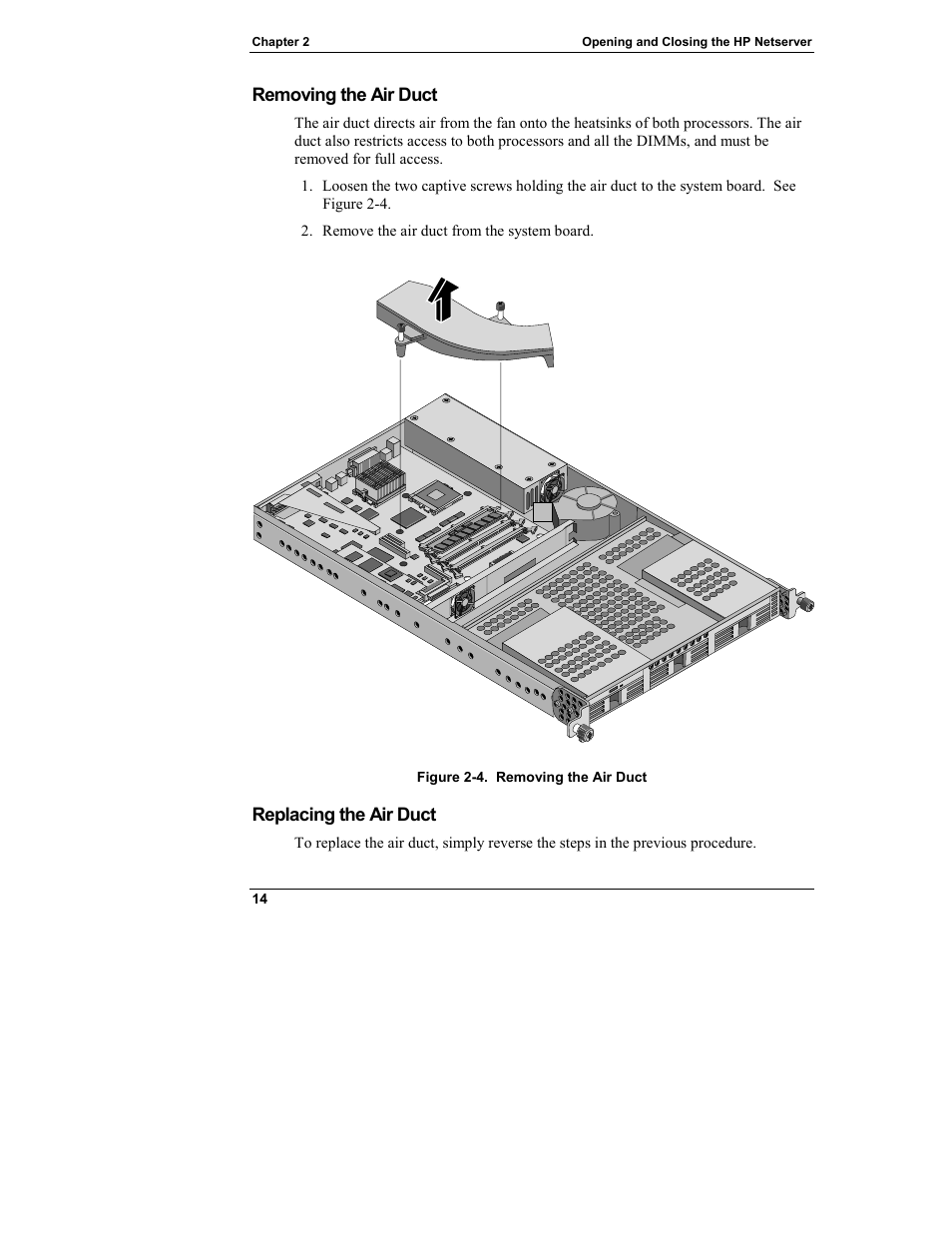 Removing the air duct, Replacing the air duct | HP Netserver L Server series User Manual | Page 20 / 140