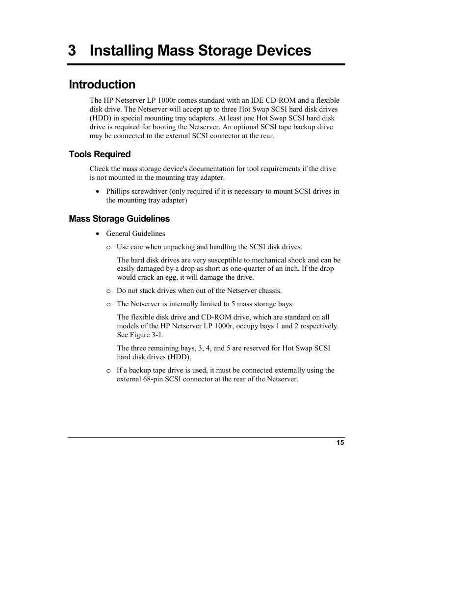 3 installing mass storage devices, Introduction, Tools required | Mass storage guidelines, Installing mass storage devices | HP Netserver L Server series User Manual | Page 21 / 140