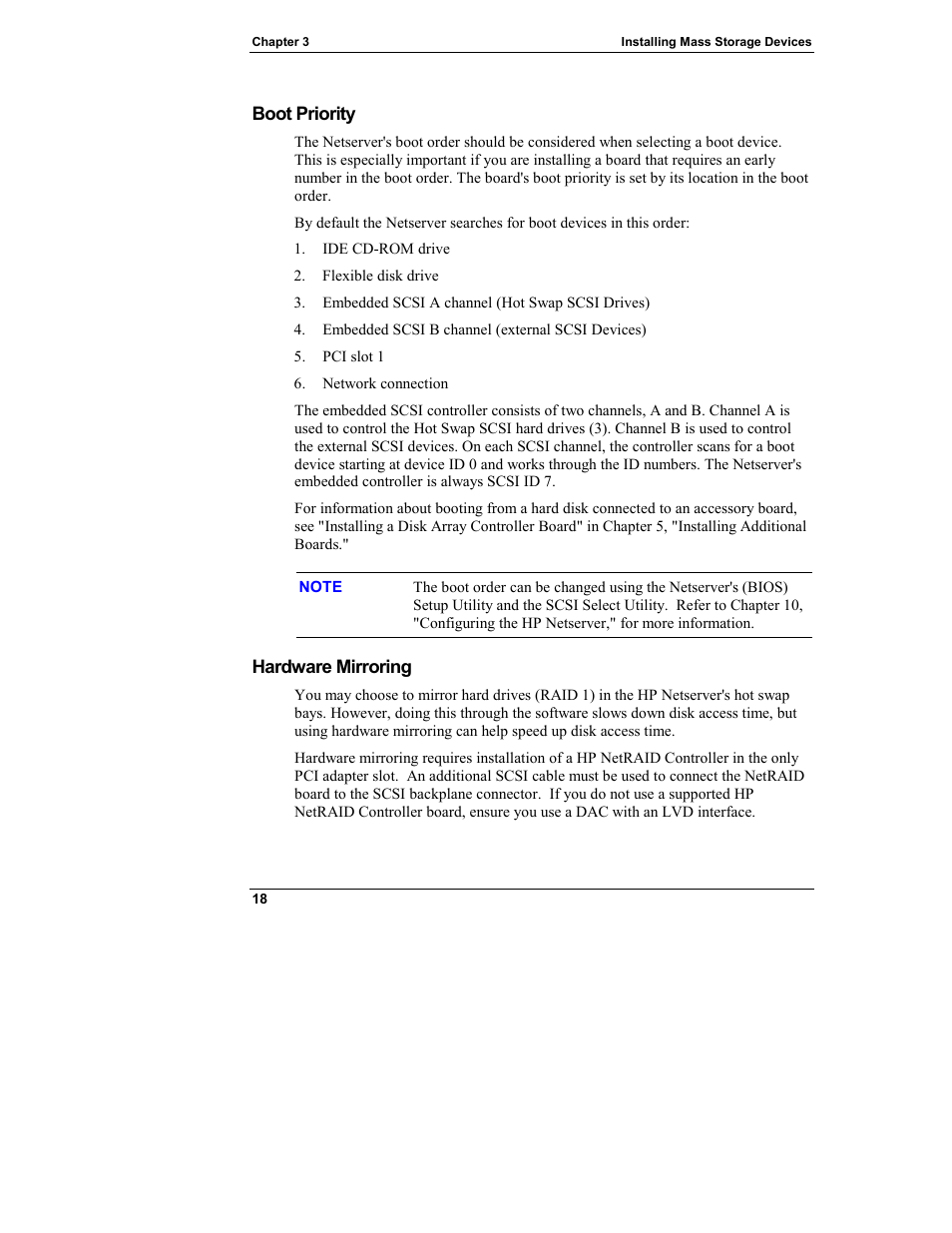 Boot priority, Hardware mirroring | HP Netserver L Server series User Manual | Page 24 / 140