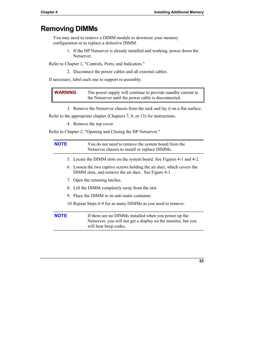 Removing dimms | HP Netserver L Server series User Manual | Page 39 / 140