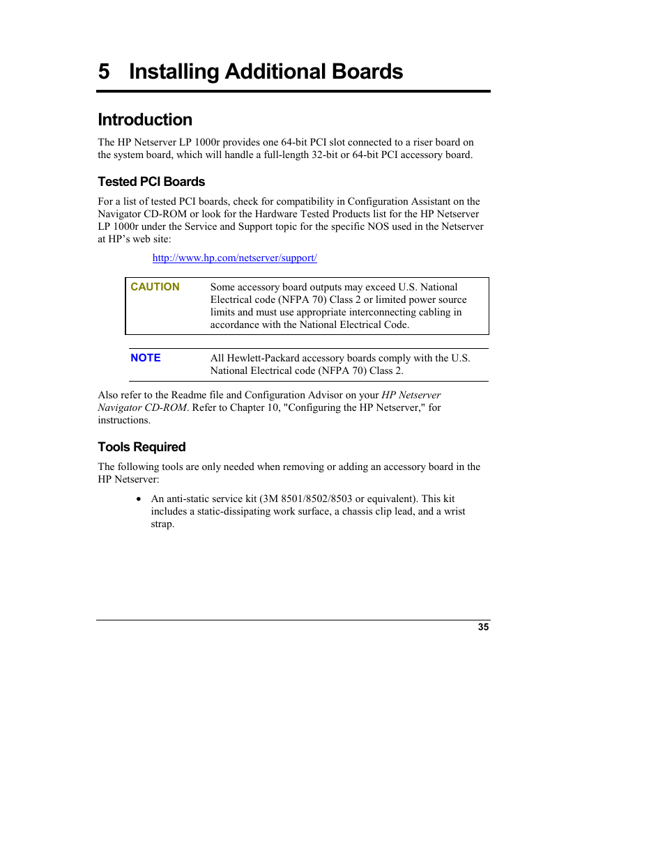 5 installing additional boards, Introduction, Tested pci boards | Tools required, Installing additional boards | HP Netserver L Server series User Manual | Page 41 / 140