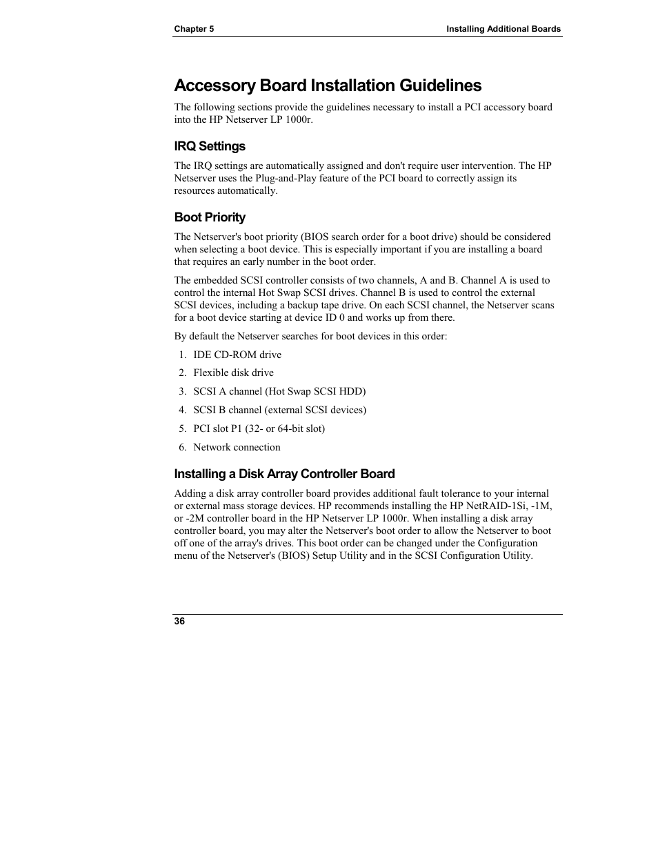 Accessory board installation guidelines, Irq settings, Boot priority | Installing a disk array controller board | HP Netserver L Server series User Manual | Page 42 / 140