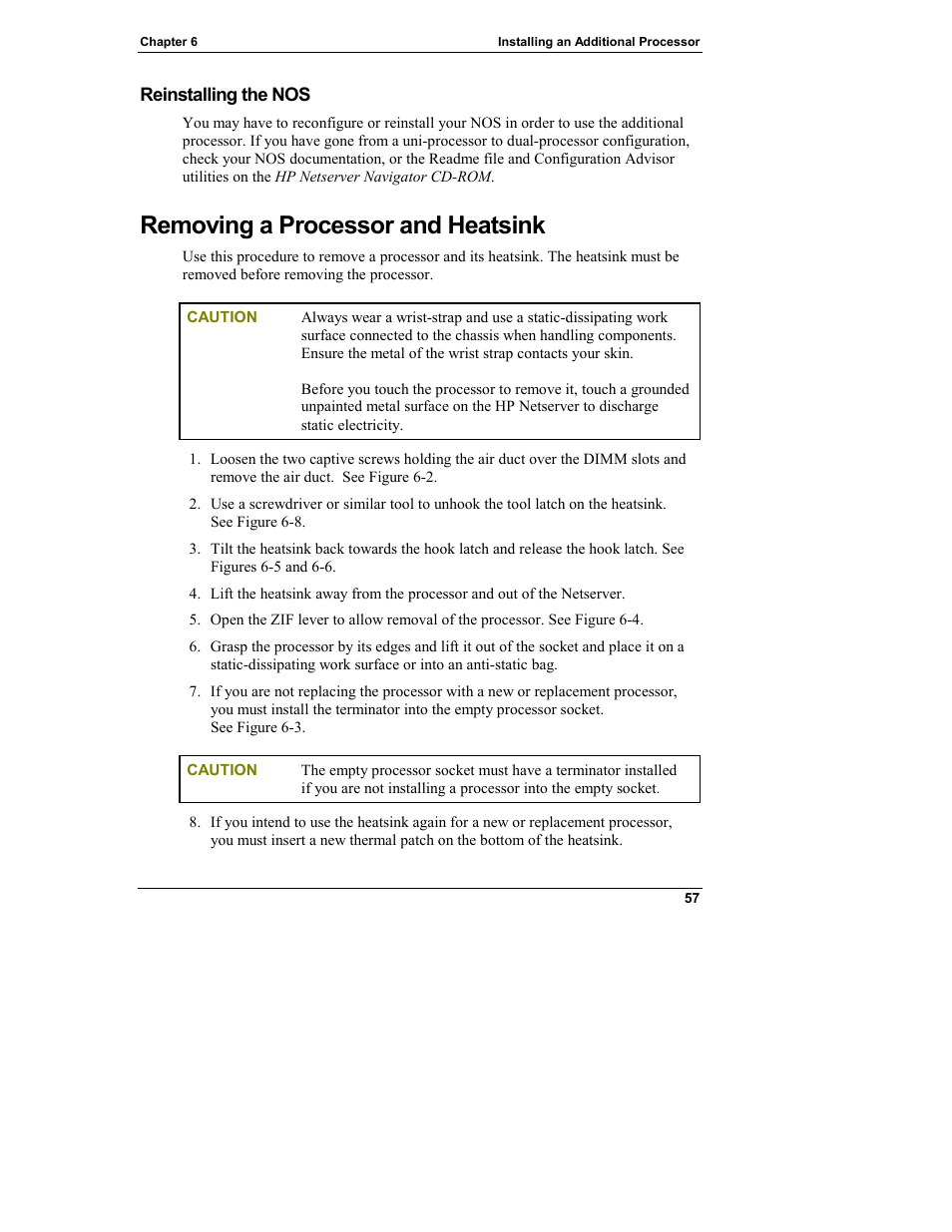 Reinstalling the nos, Removing a processor and heatsink | HP Netserver L Server series User Manual | Page 63 / 140
