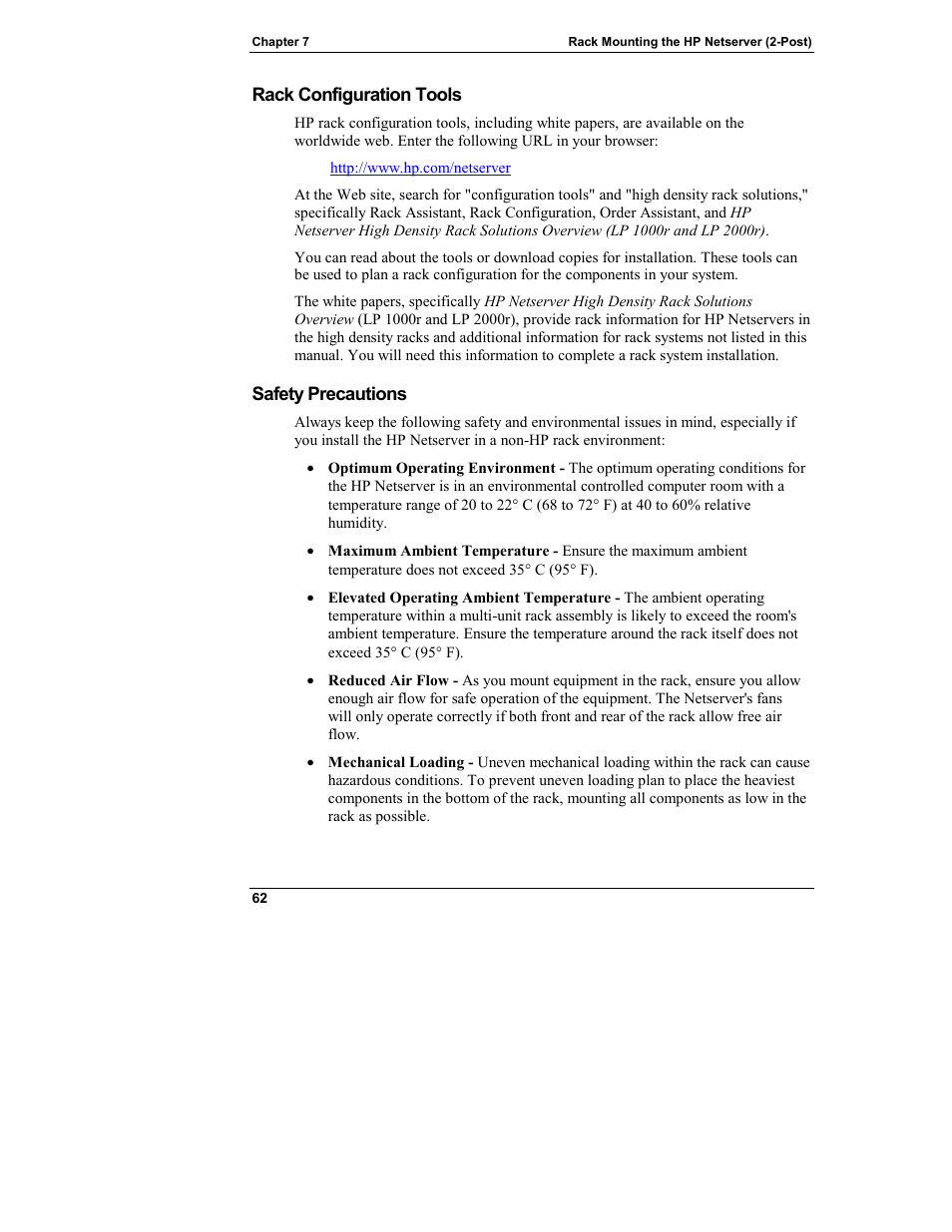 Rack configuration tools, Safety precautions | HP Netserver L Server series User Manual | Page 68 / 140