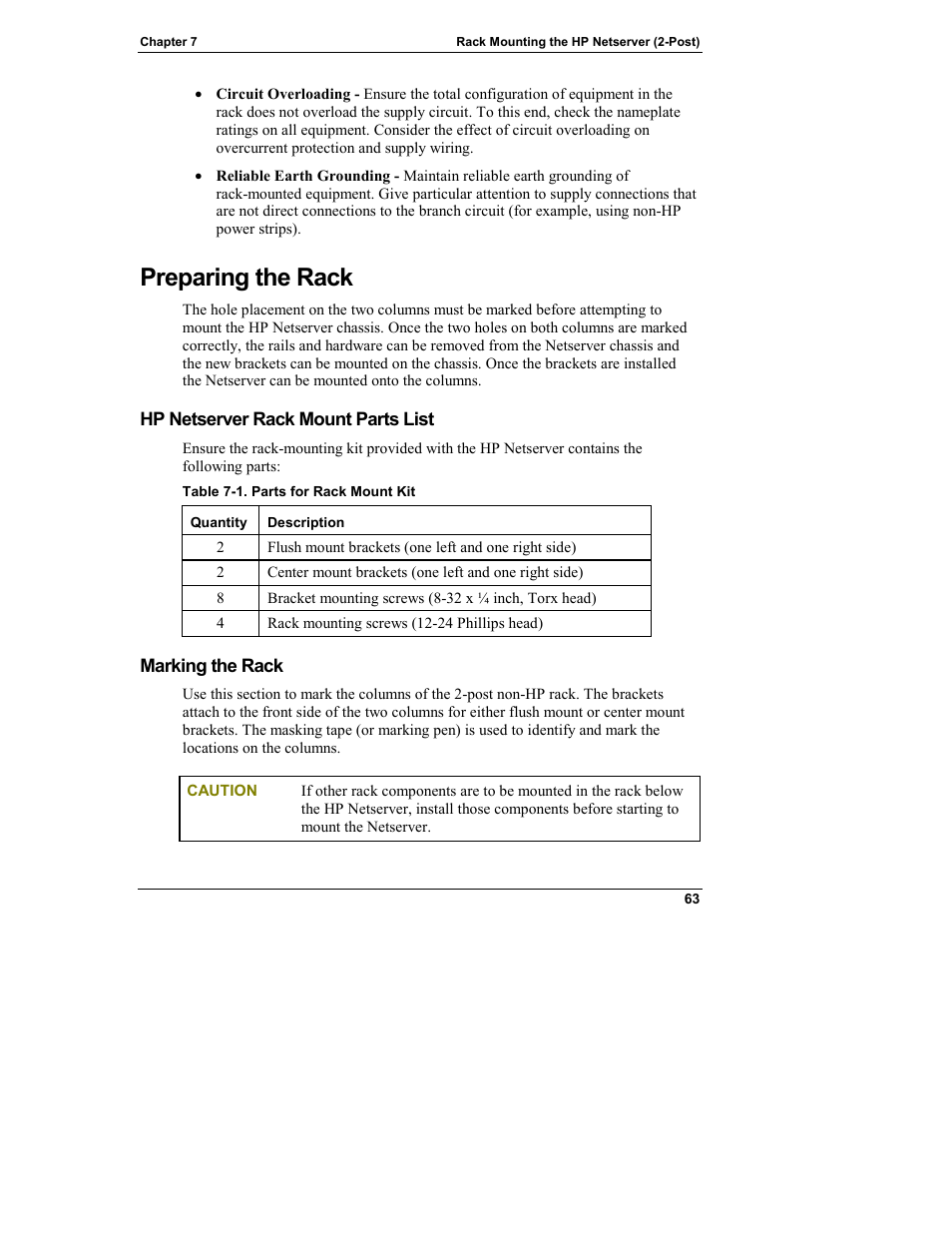 Preparing the rack, Hp netserver rack mount parts list, Marking the rack | HP Netserver L Server series User Manual | Page 69 / 140