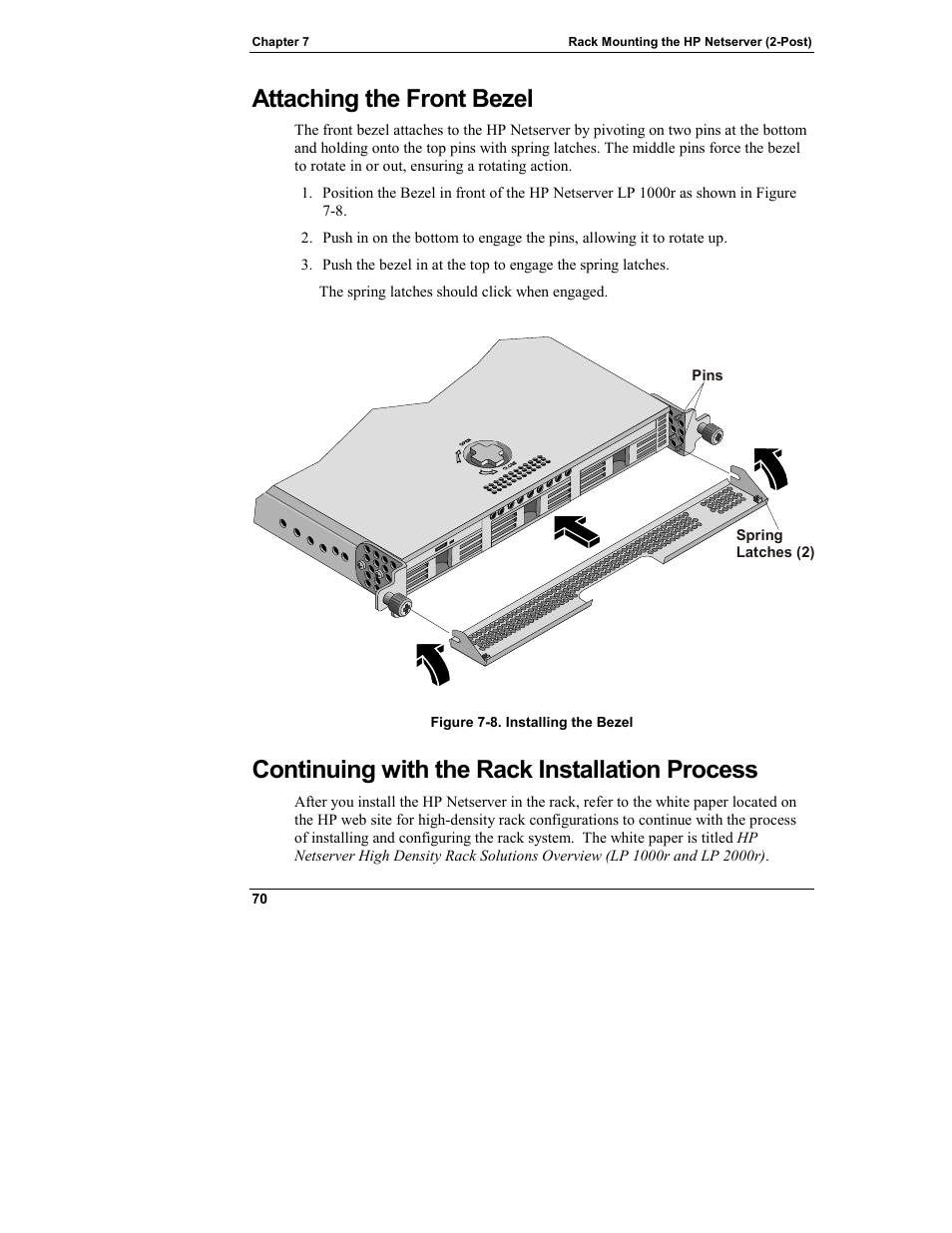 Attaching the front bezel, Continuing with the rack installation process | HP Netserver L Server series User Manual | Page 76 / 140