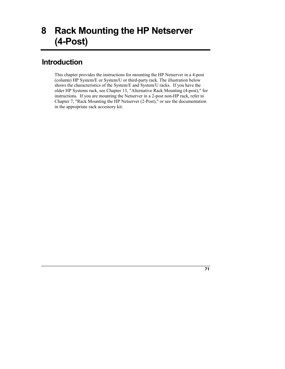 8 rack mounting the hp netserver (4-post), Introduction, Rack mounting the hp netserver (4-post) | HP Netserver L Server series User Manual | Page 77 / 140