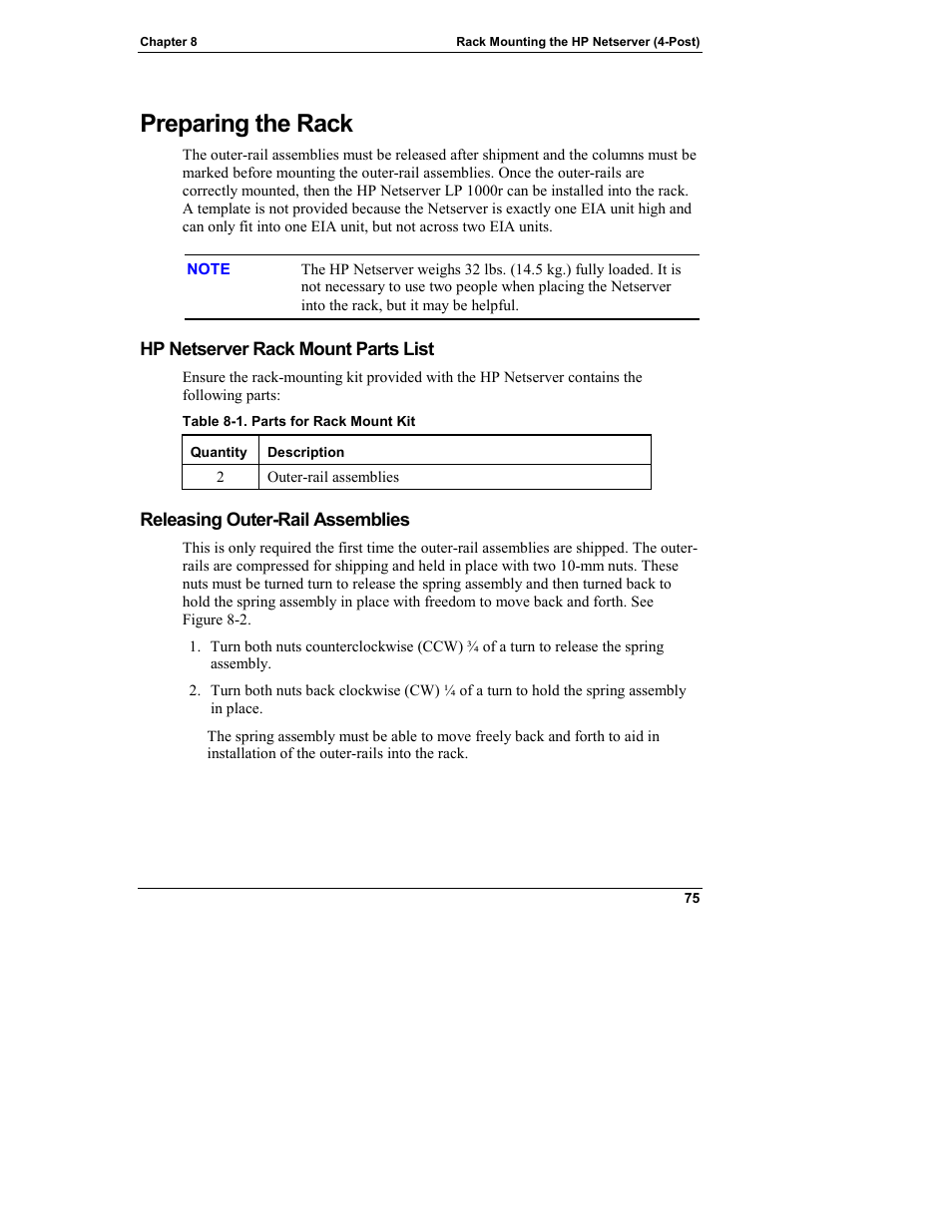 Preparing the rack, Hp netserver rack mount parts list, Releasing outer-rail assemblies | HP Netserver L Server series User Manual | Page 81 / 140