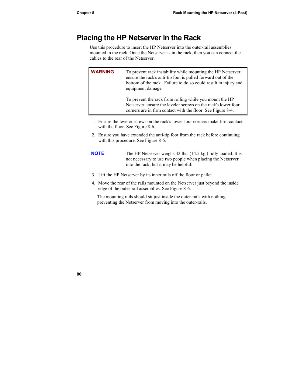 Placing the hp netserver in the rack | HP Netserver L Server series User Manual | Page 86 / 140