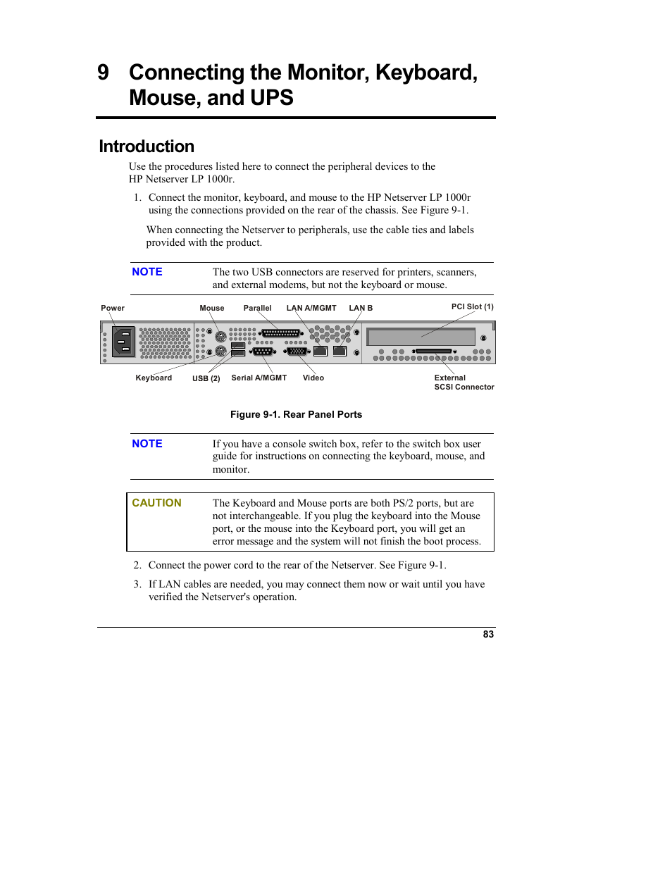 9 connecting the monitor, keyboard, mouse, and ups, Introduction, Connecting the monitor, keyboard, mouse, and ups | HP Netserver L Server series User Manual | Page 89 / 140