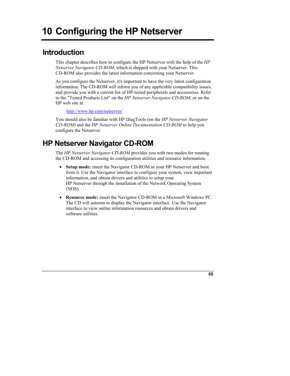 10 configuring the hp netserver, Introduction, Hp netserver navigator cd˚rom | Configuring the hp netserver, Hp netserver navigator cd-rom | HP Netserver L Server series User Manual | Page 91 / 140