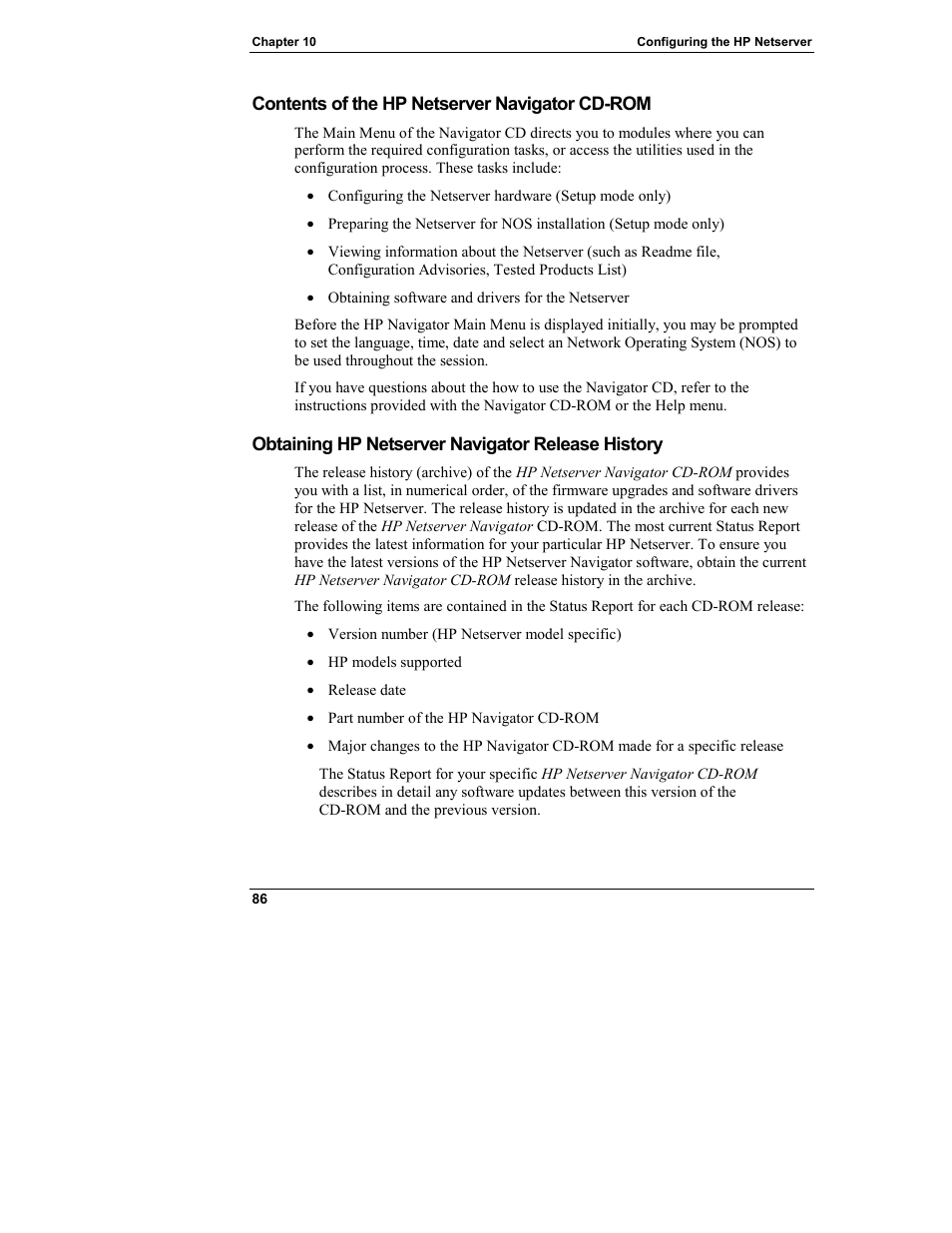 Contents of the hp netserver navigator cd-rom, Obtaining hp netserver navigator release history | HP Netserver L Server series User Manual | Page 92 / 140