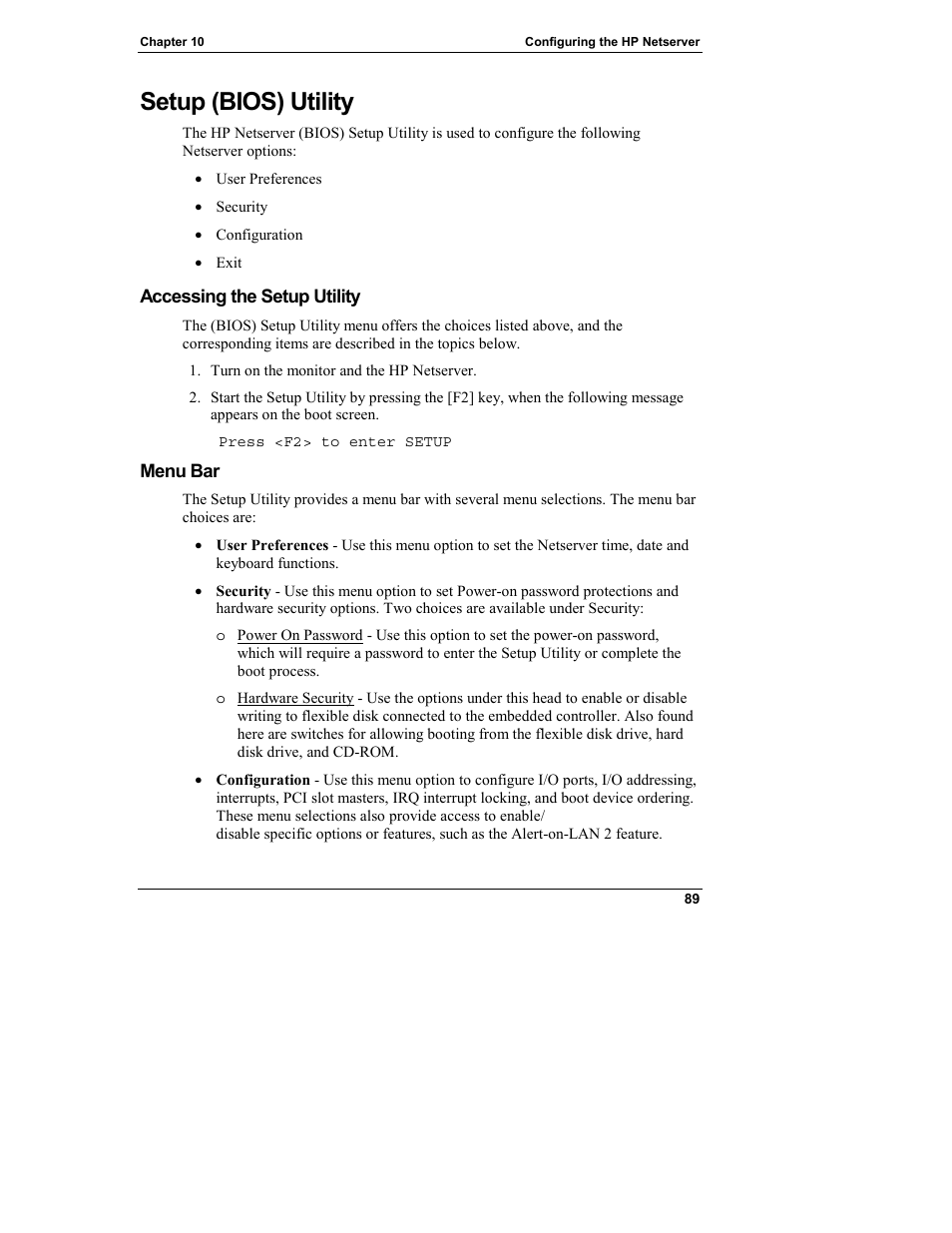 Setup (bios) utility, Accessing the setup utility, Menu bar | HP Netserver L Server series User Manual | Page 95 / 140