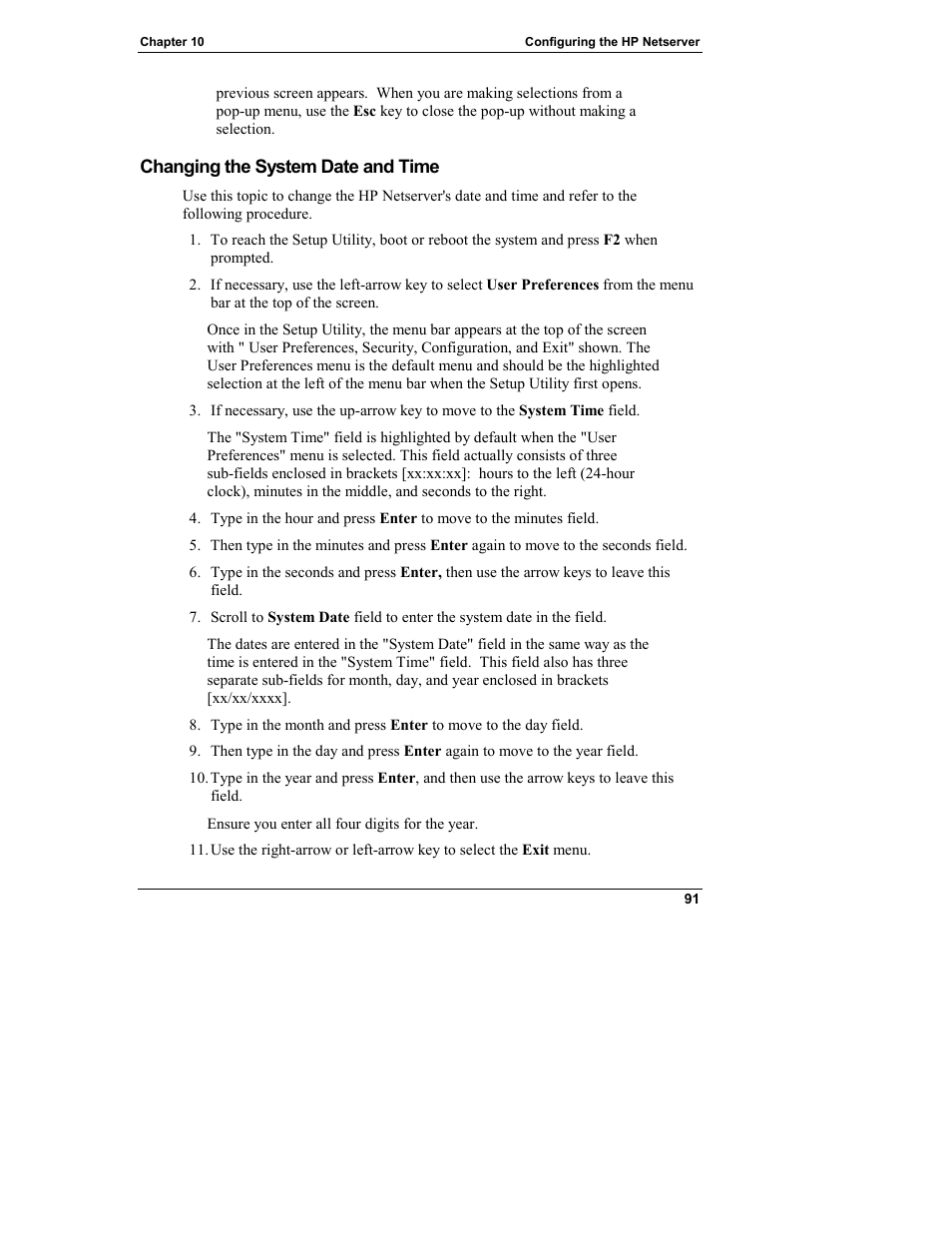 Changing the system date and time | HP Netserver L Server series User Manual | Page 97 / 140