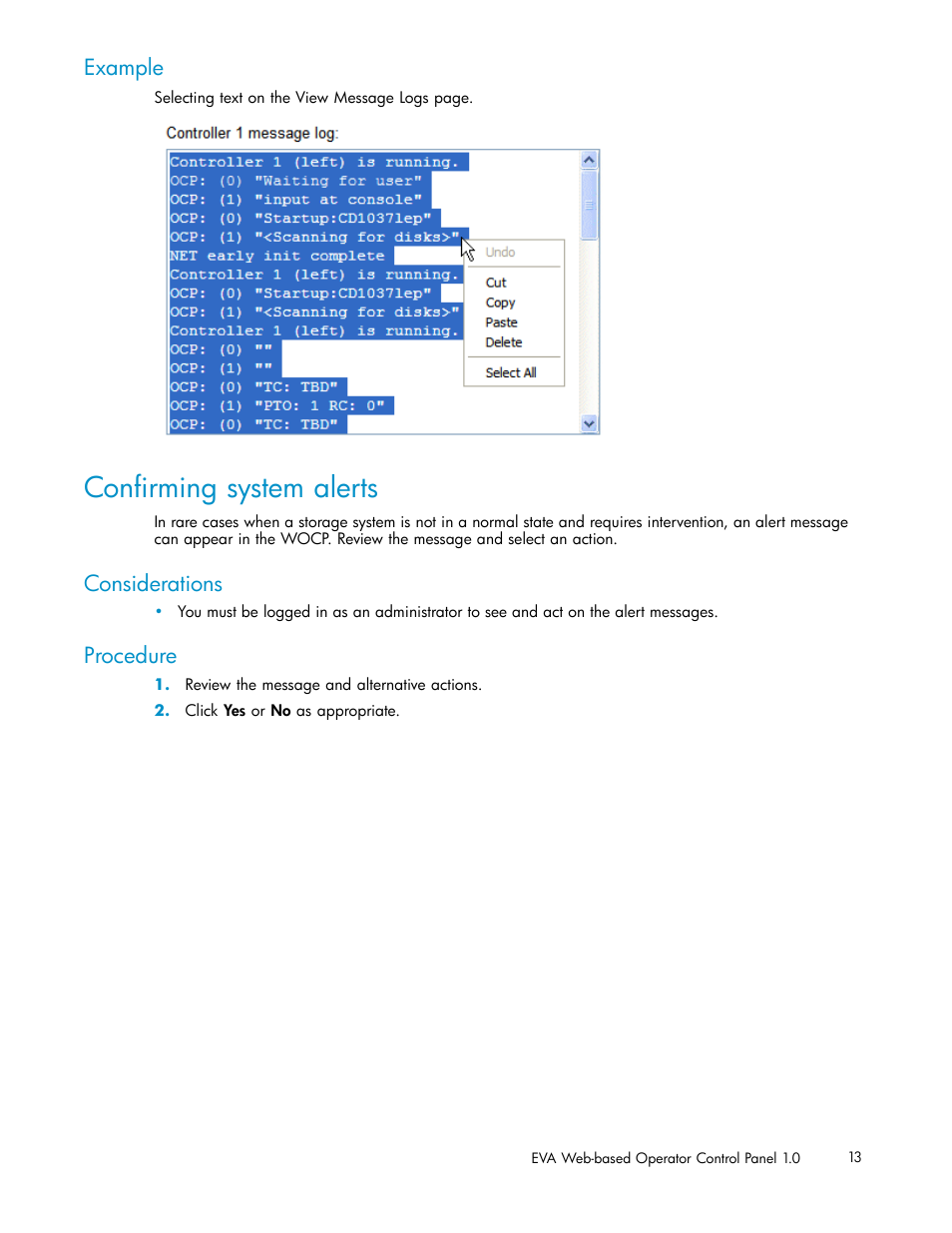 Confirming system alerts, Example, Considerations | Procedure | HP 4100 Enterprise Virtual Array User Manual | Page 13 / 35