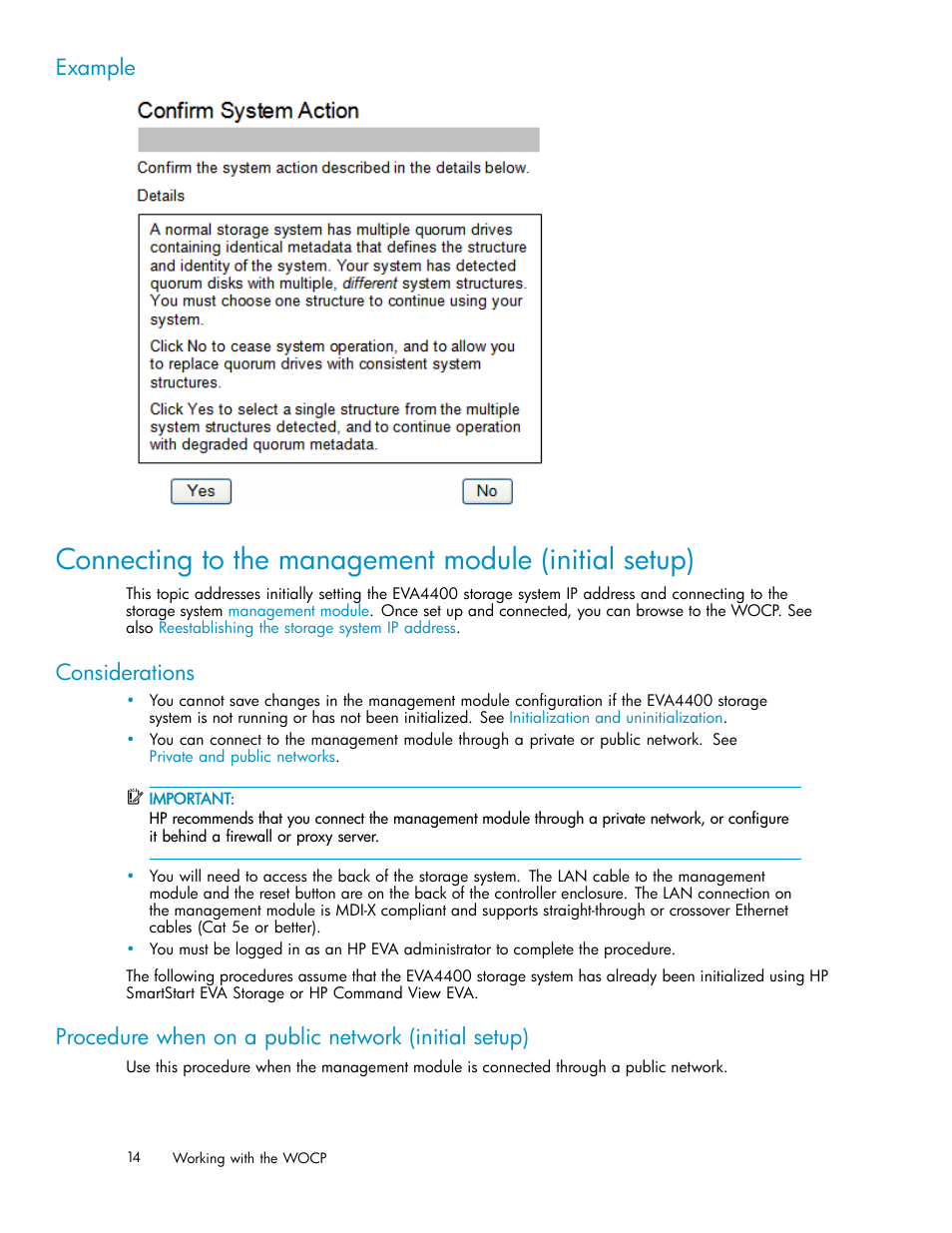 Example, Considerations, Procedure when on a public network (initial setup) | HP 4100 Enterprise Virtual Array User Manual | Page 14 / 35