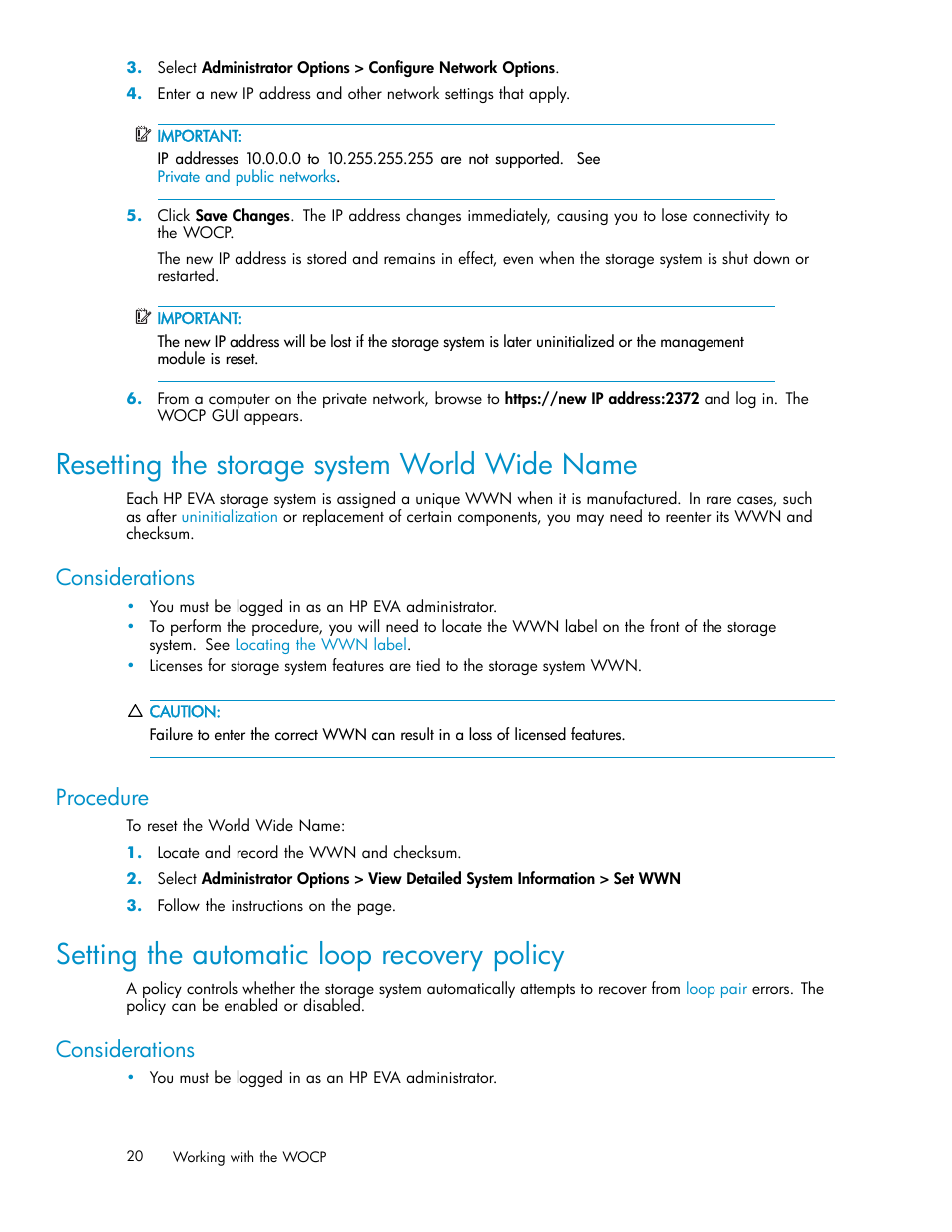 Resetting the storage system world wide name, Setting the automatic loop recovery policy, Considerations | Procedure | HP 4100 Enterprise Virtual Array User Manual | Page 20 / 35