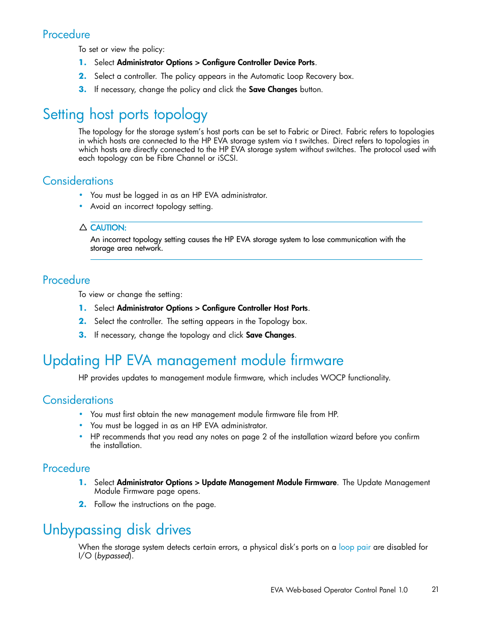 Setting host ports topology, Updating hp eva management module firmware, Unbypassing disk drives | Procedure, Considerations | HP 4100 Enterprise Virtual Array User Manual | Page 21 / 35