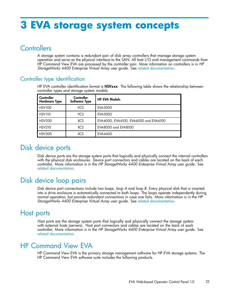 3 eva storage system concepts, Controllers, Disk device ports | Disk device loop pairs, Host ports, Hp command view eva, Loop pair, Controller type identification | HP 4100 Enterprise Virtual Array User Manual | Page 23 / 35