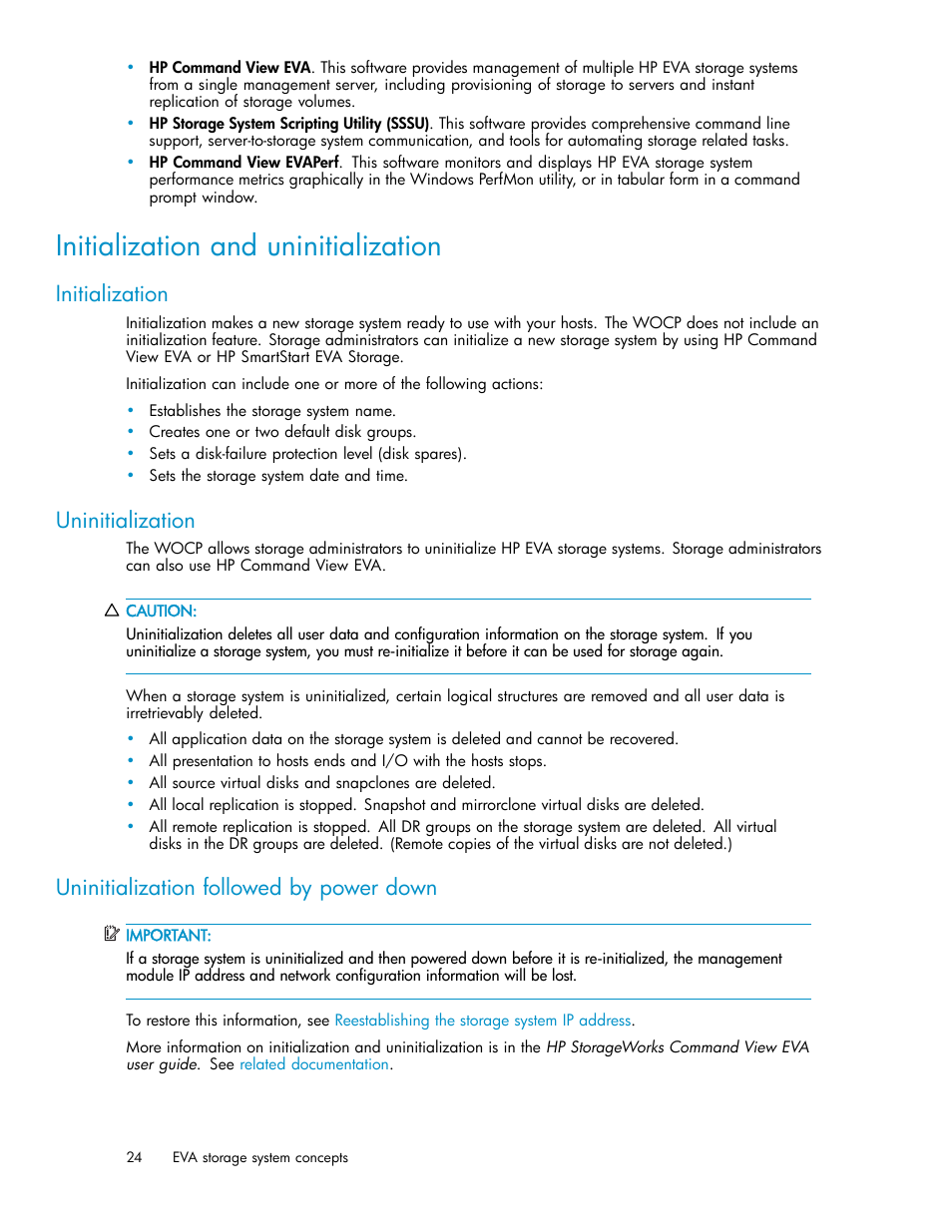 Initialization and uninitialization, Uninitialization, Initialization | Uninitialization followed by power down | HP 4100 Enterprise Virtual Array User Manual | Page 24 / 35