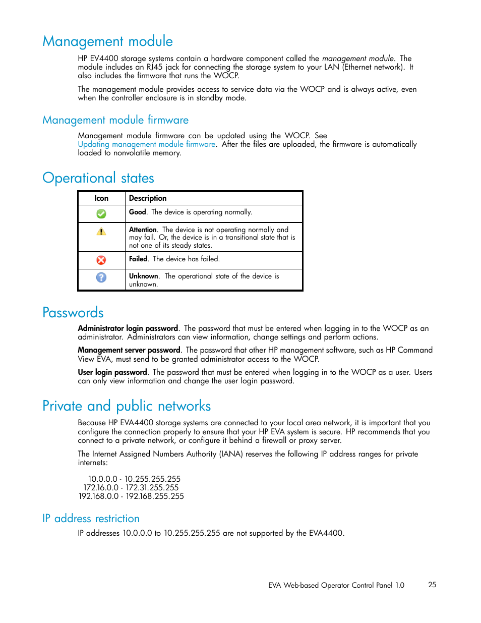Management module, Operational states, Passwords | Private and public networks, Operational state, Management module firmware, Ip address restriction | HP 4100 Enterprise Virtual Array User Manual | Page 25 / 35