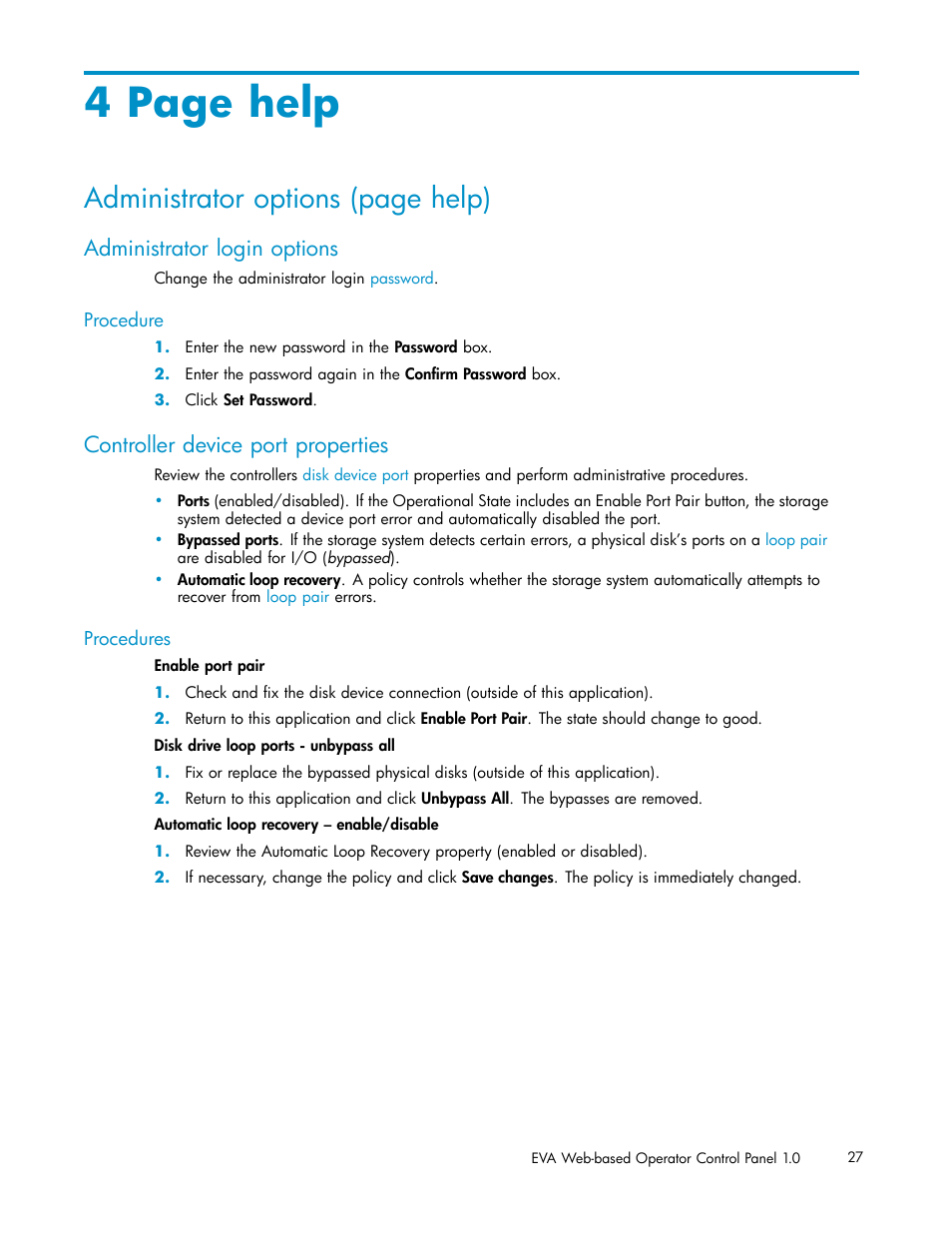 Administrator login options, Controller device port properties, 4 page help | Administrator options (page help) | HP 4100 Enterprise Virtual Array User Manual | Page 27 / 35