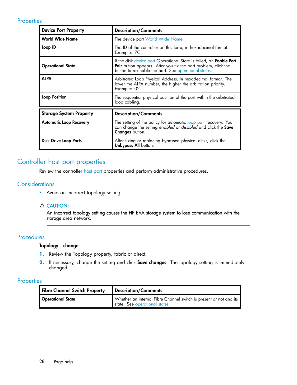 Controller host port properties, Properties, Considerations | Procedures | HP 4100 Enterprise Virtual Array User Manual | Page 28 / 35