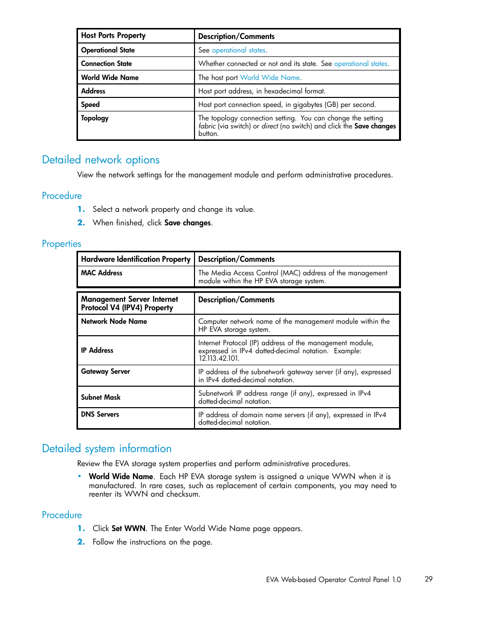 Detailed network options, Detailed system information, Procedure | Properties | HP 4100 Enterprise Virtual Array User Manual | Page 29 / 35