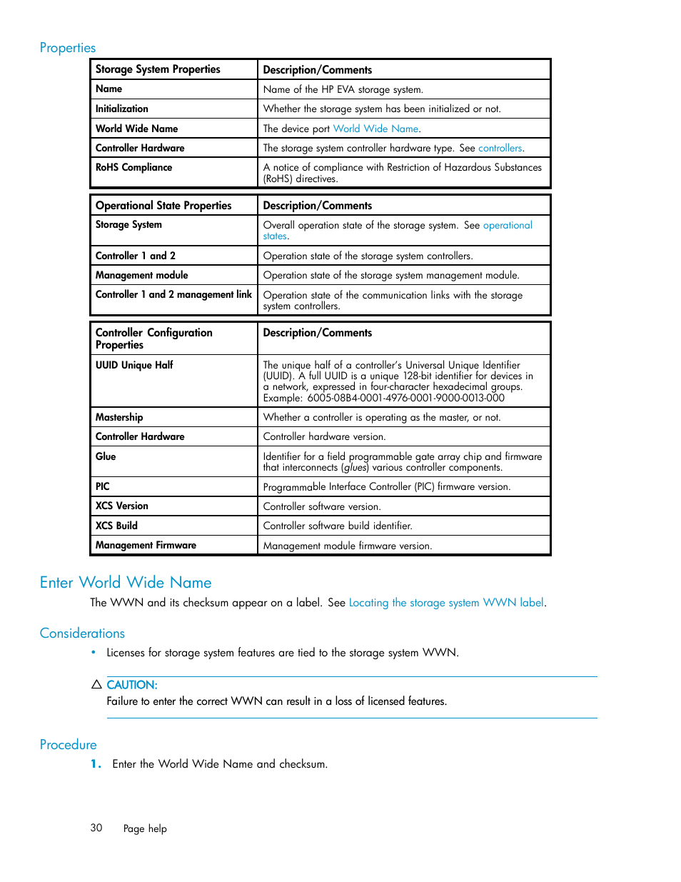 Enter world wide name, Properties, Considerations | Procedure | HP 4100 Enterprise Virtual Array User Manual | Page 30 / 35