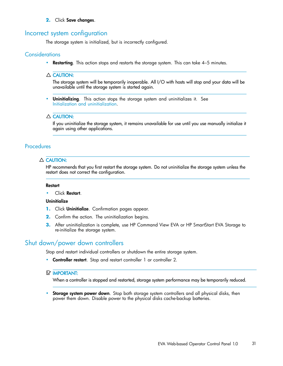Incorrect system configuration, Shut down/power down controllers | HP 4100 Enterprise Virtual Array User Manual | Page 31 / 35