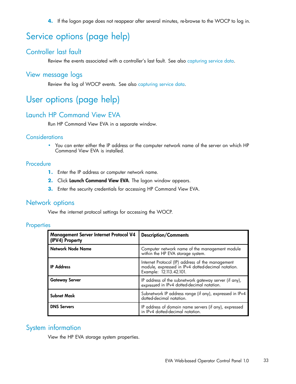 Controller last fault, View message logs, Launch hp command view eva | Network options, System information, Service options (page help), User options (page help) | HP 4100 Enterprise Virtual Array User Manual | Page 33 / 35