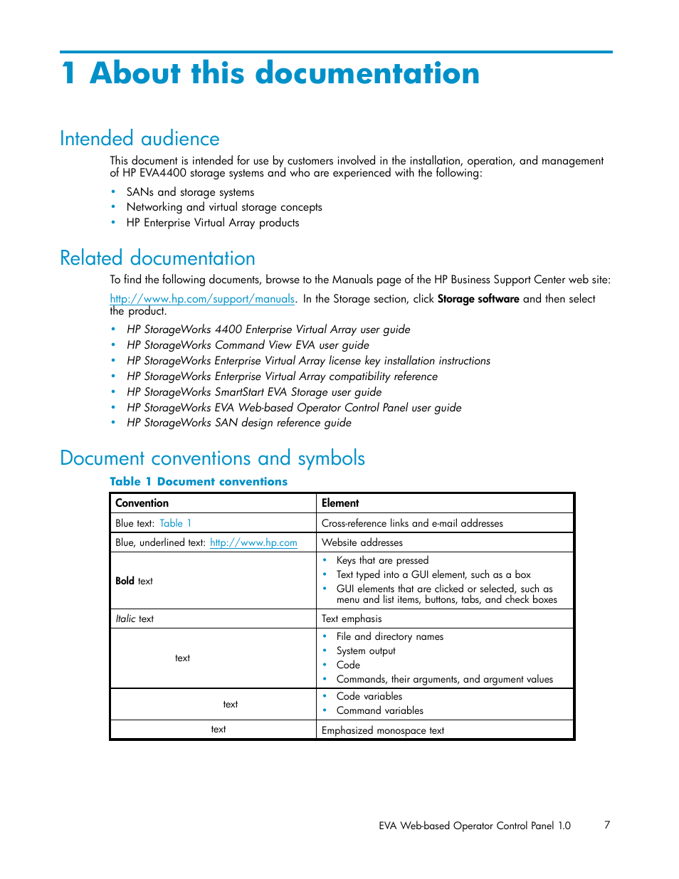 1 about this documentation, Intended audience, Related documentation | Document conventions and symbols | HP 4100 Enterprise Virtual Array User Manual | Page 7 / 35