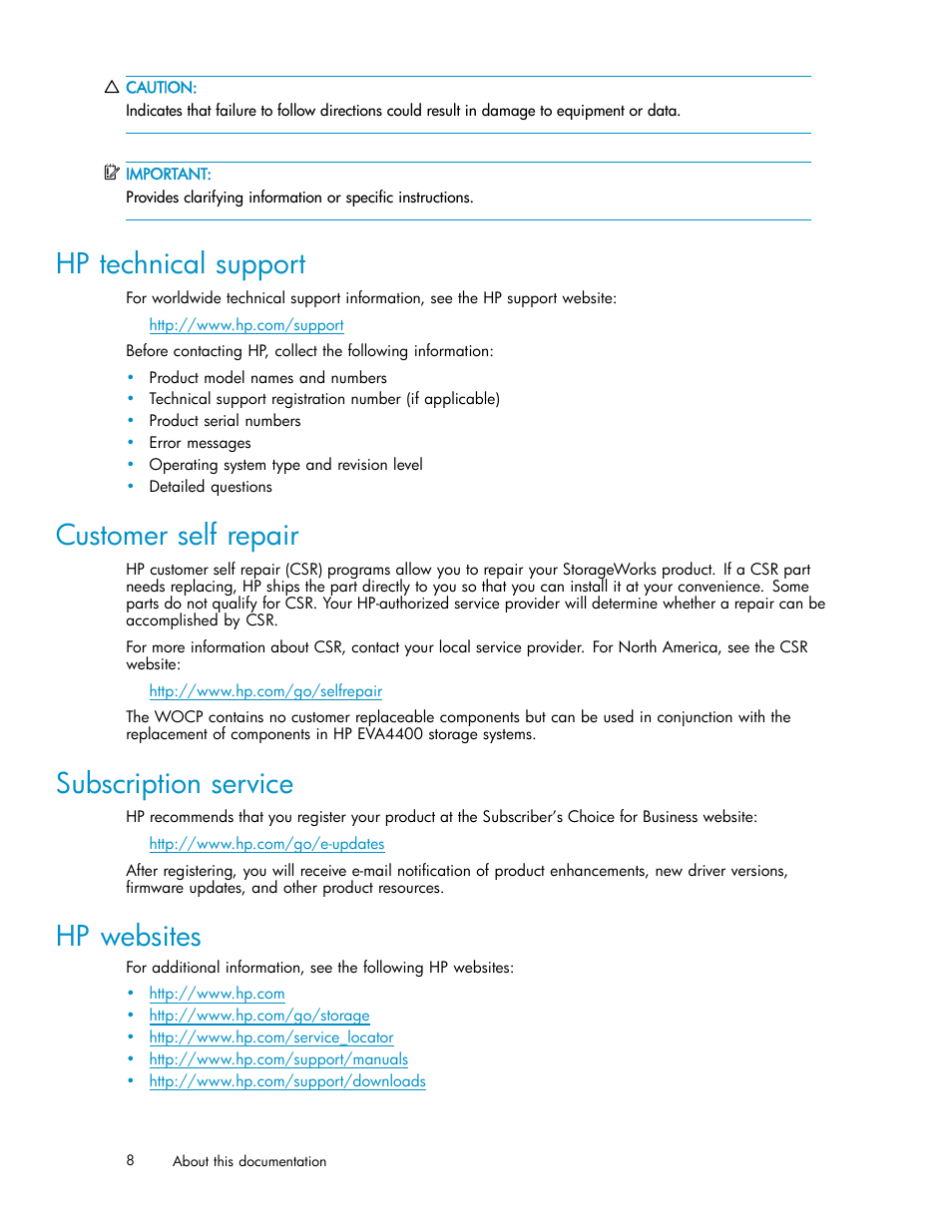 Hp technical support, Customer self repair, Subscription service | Hp websites | HP 4100 Enterprise Virtual Array User Manual | Page 8 / 35