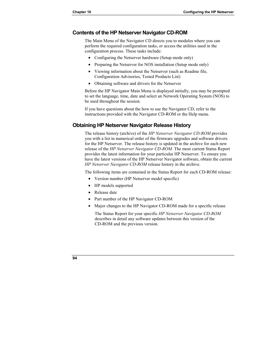 Contents of the hp netserver navigator cd-rom, Obtaining hp netserver navigator release history | HP Netserver L Server series User Manual | Page 100 / 146