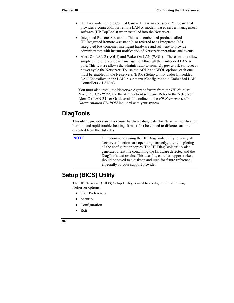 Diagtools, Setup (bios) utility | HP Netserver L Server series User Manual | Page 102 / 146