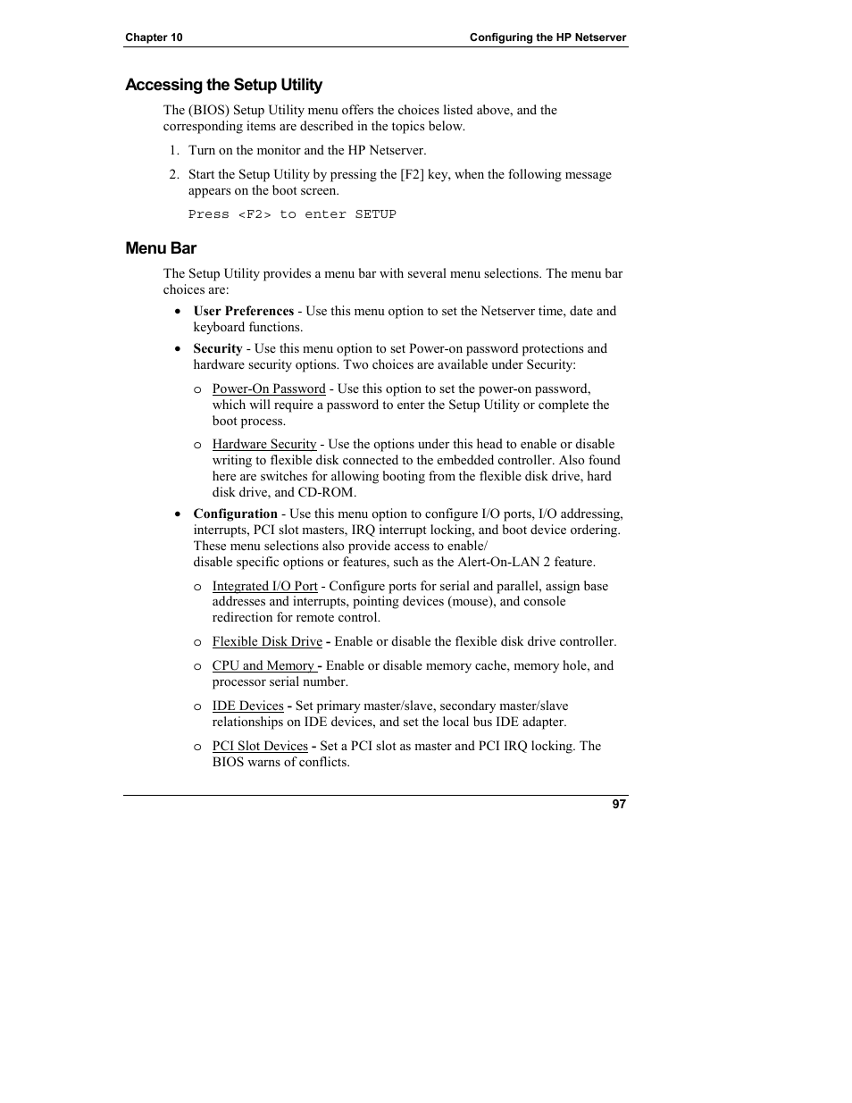 Accessing the setup utility, Menu bar | HP Netserver L Server series User Manual | Page 103 / 146