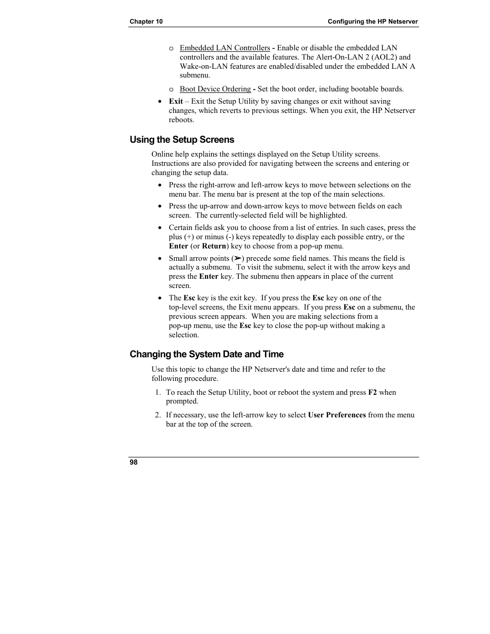 Using the setup screens, Changing the system date and time | HP Netserver L Server series User Manual | Page 104 / 146