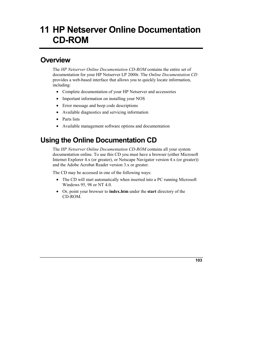 11 hp netserver online documentation cd-rom, Overview, Using the online documentation cd | Hp netserver online documentation cd-rom | HP Netserver L Server series User Manual | Page 109 / 146