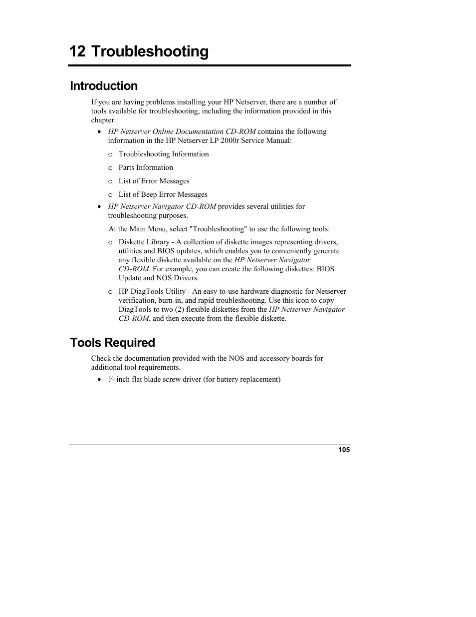 12 troubleshooting, Introduction, Tools required | Troubleshooting | HP Netserver L Server series User Manual | Page 111 / 146